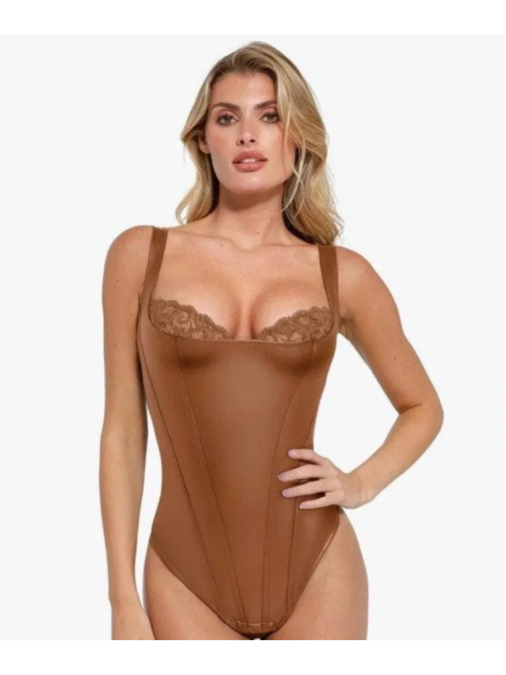 Popilush Shapewear Brown Faux Leather Lace Balconette Sculpting Bodysuit Size 2X